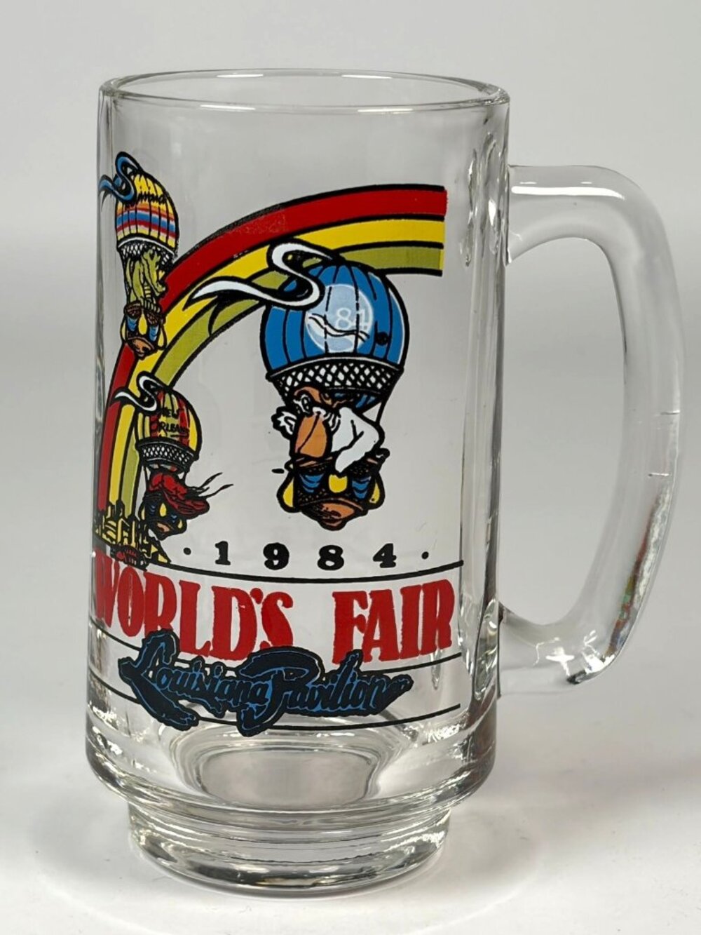 1984 Worlds Fair Louisiana Pavilion Clear Glass Beer Mug Hot Air Balloon Design